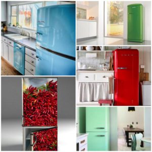 Яркие холодильники в дизайне кухни